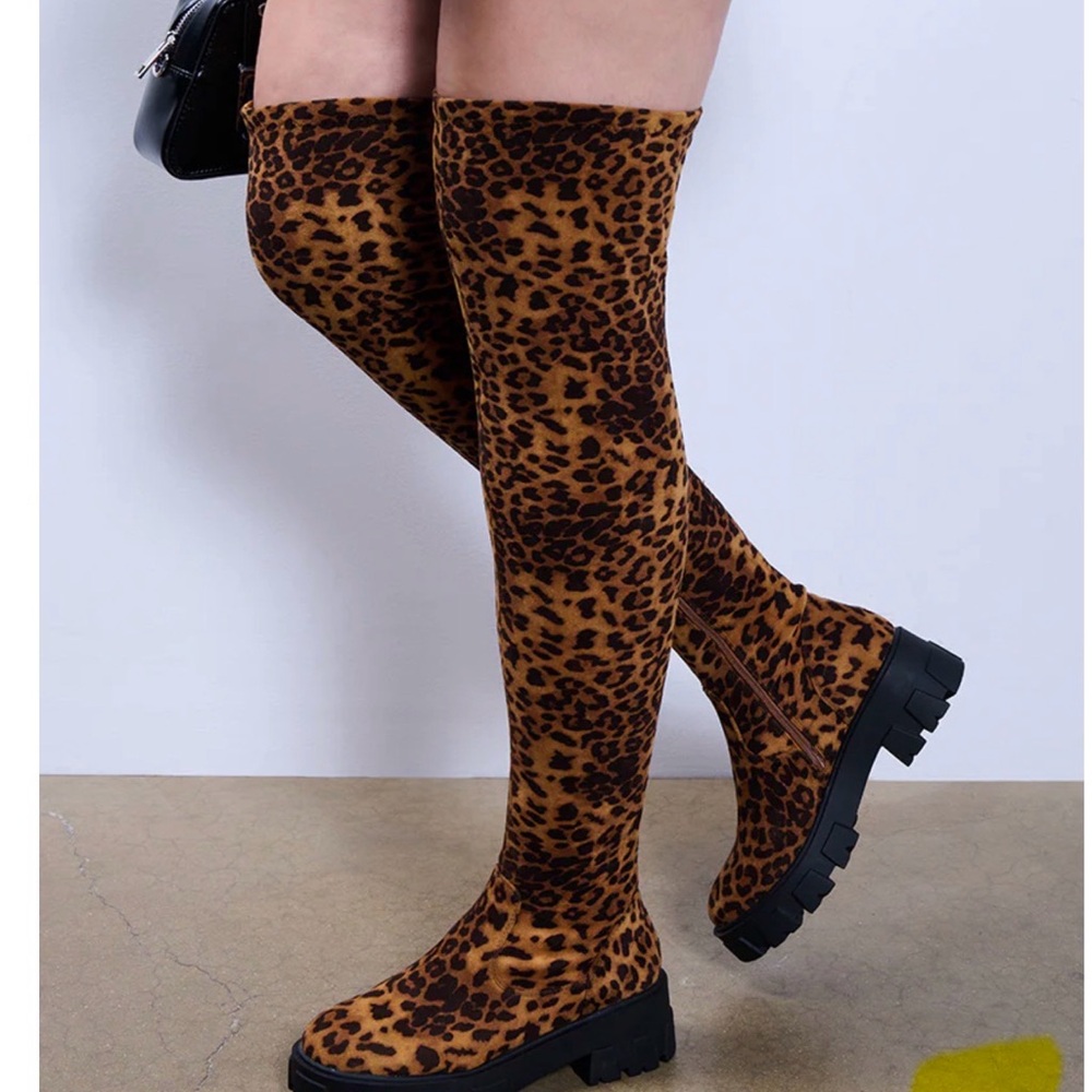 Azalea Wang Animal Print Over-the-Knee Boots designed for wide calves size 9